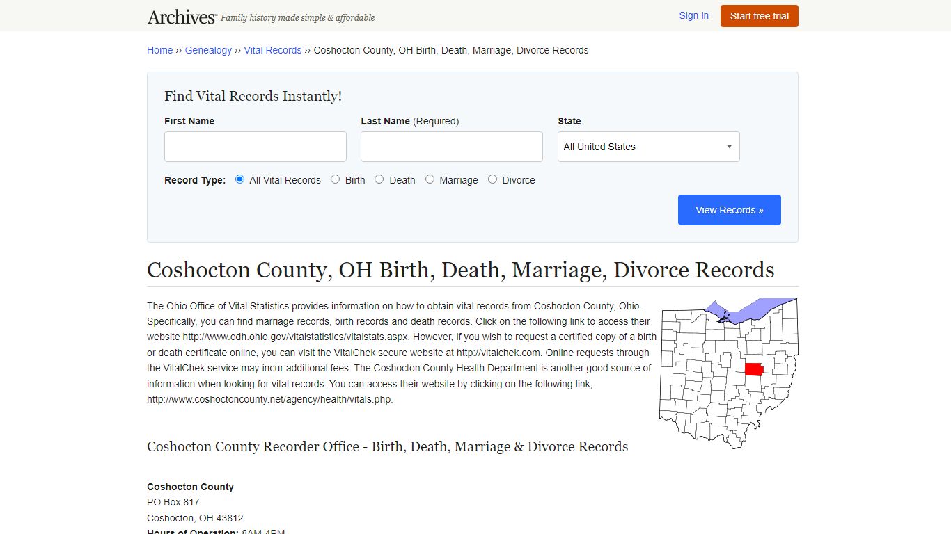 Coshocton County, OH Birth, Death, Marriage, Divorce Records - Archives.com